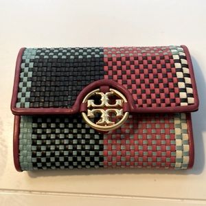 New Tory Burch plaid woven leather clutch wallet in red, black and teal
